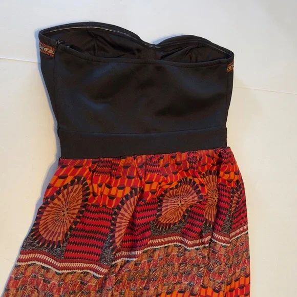 Sans Souci Strapless Maxi Dress Orange Red Tribal Geometric Cutout Size Medium - Picture 9 of 11